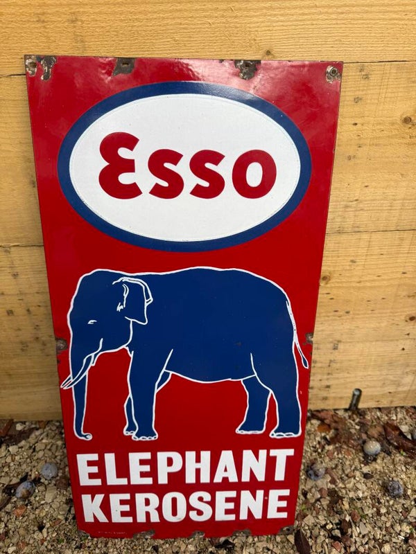 Grande plaque émaillée ESSO « Elephant Kerosene » – 30 × 61 cm – Publicité ancienne