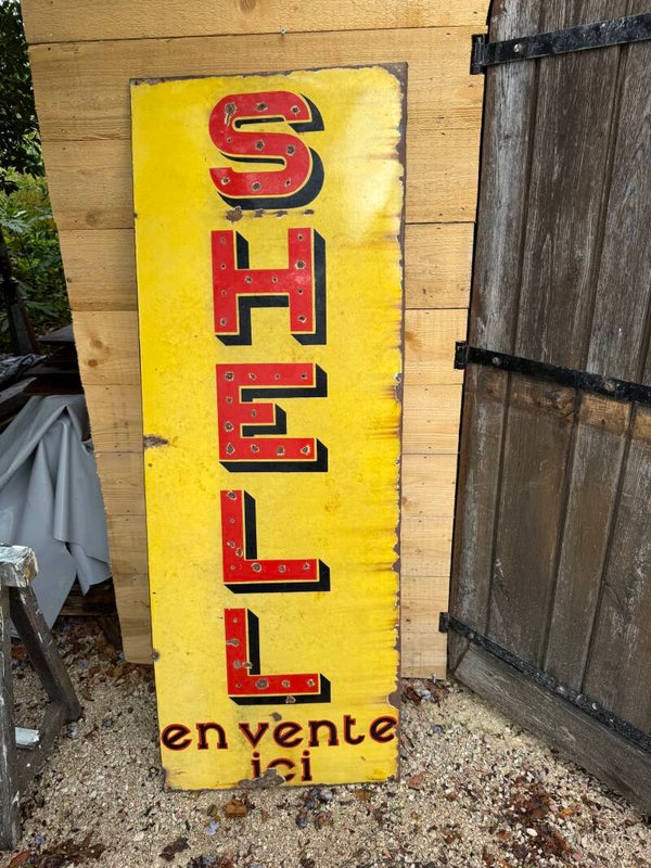 Grande plaque émaillée Shell « En vente ici » – 169 × 60 cm – Publicité ancienne