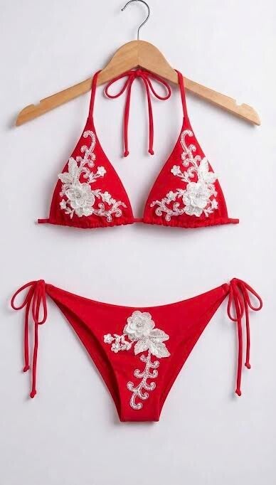 Crimson Blossom Lace Bikini Set