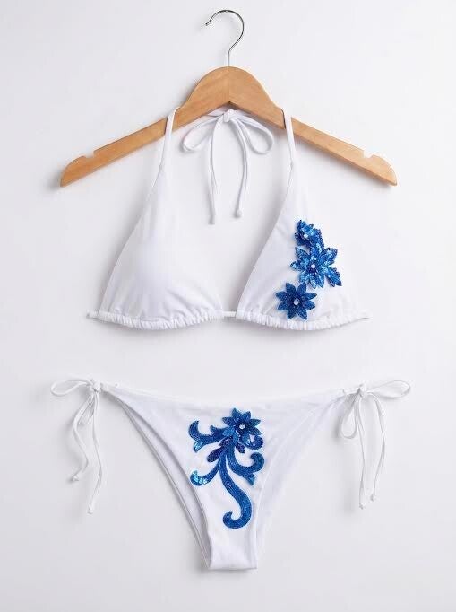 Azure Bloom Embellished Bikini Set
