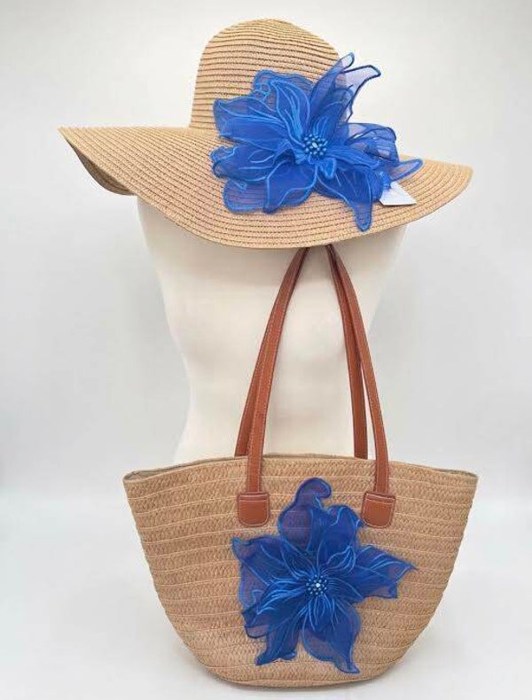 Azure Bloom Sun Hat & Beach Bag Set