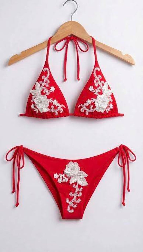 Crimson Blossom Lace Bikini Set