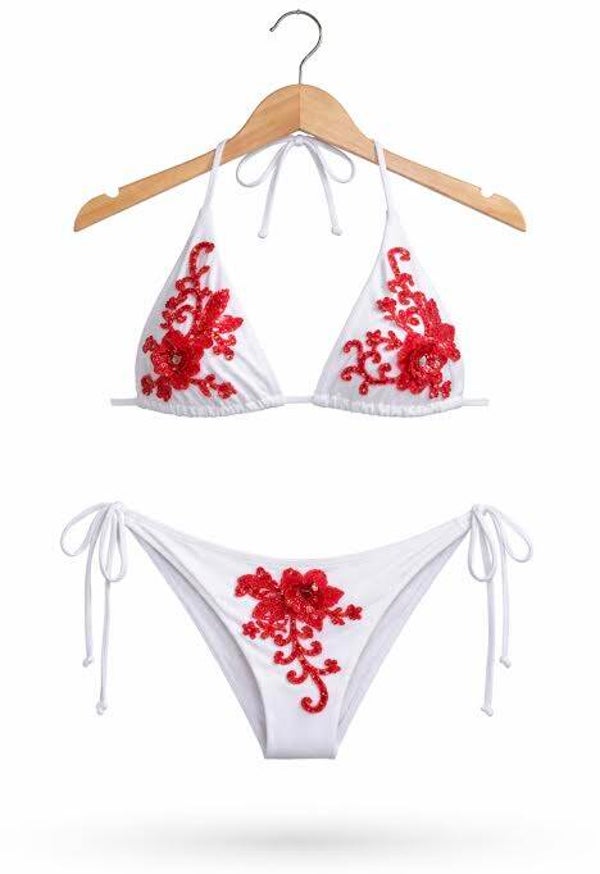 Scarlet Bloom Embellished Bikini Set