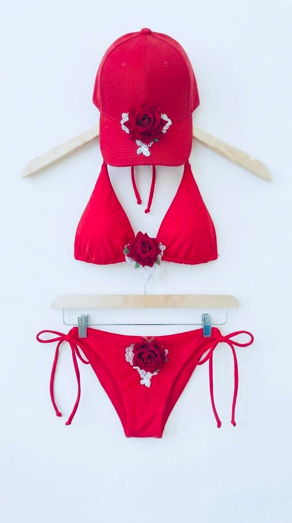 Ruby Red Embellished Bikini & Cap Set