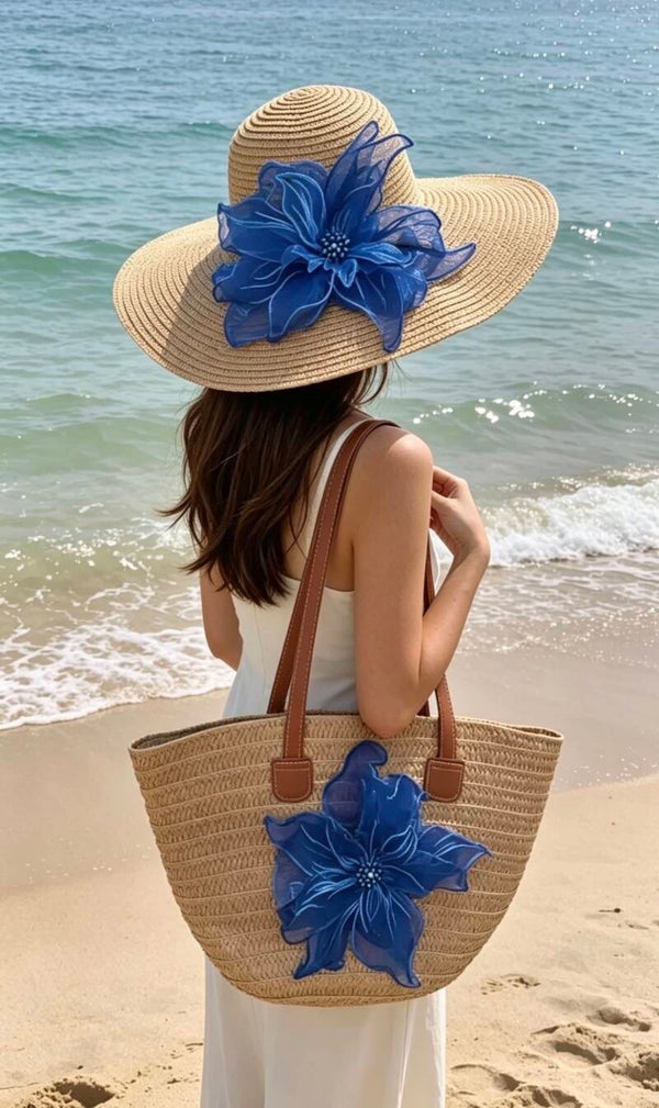 Azure Bloom Sun Hat & Beach Bag Set