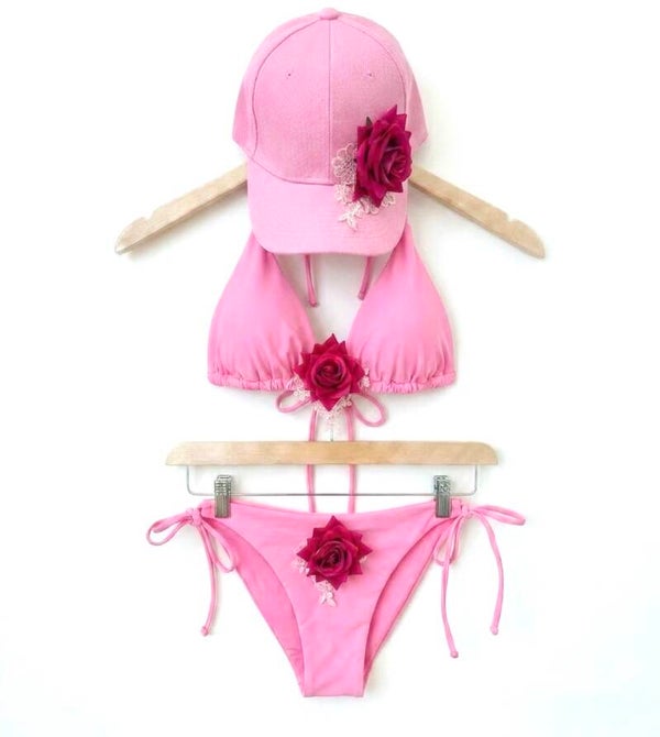 Bubblegum Rose Embellished Bikini & Cap Set