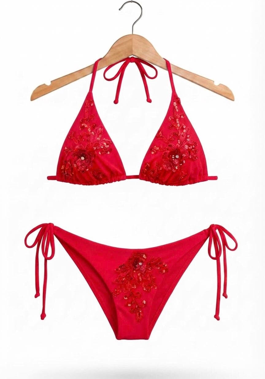 Scarlet Ember Embellished Bikini Set