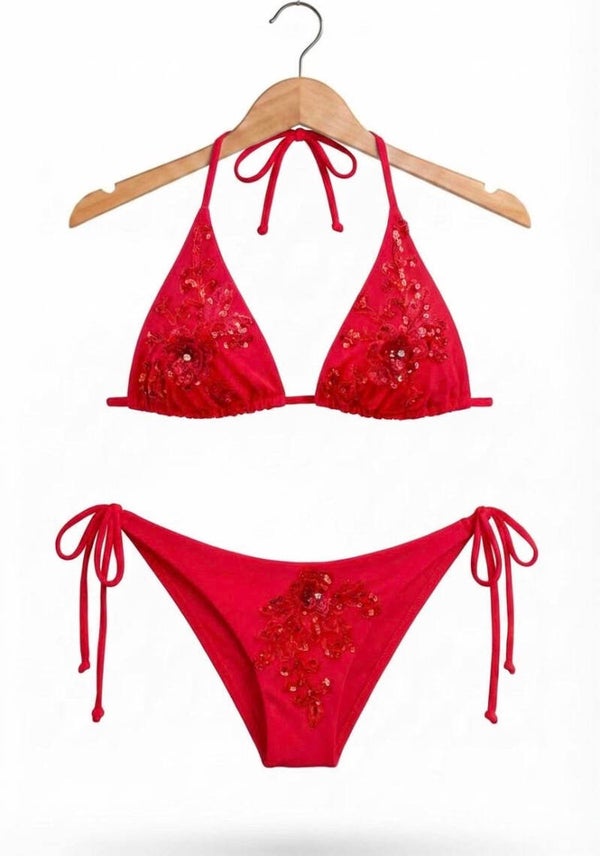 Scarlet Ember Embellished Bikini Set