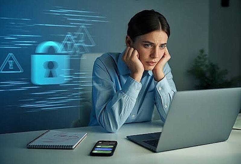 Een jonge vrouw zittend aan haar bureau starend naar haar laptop