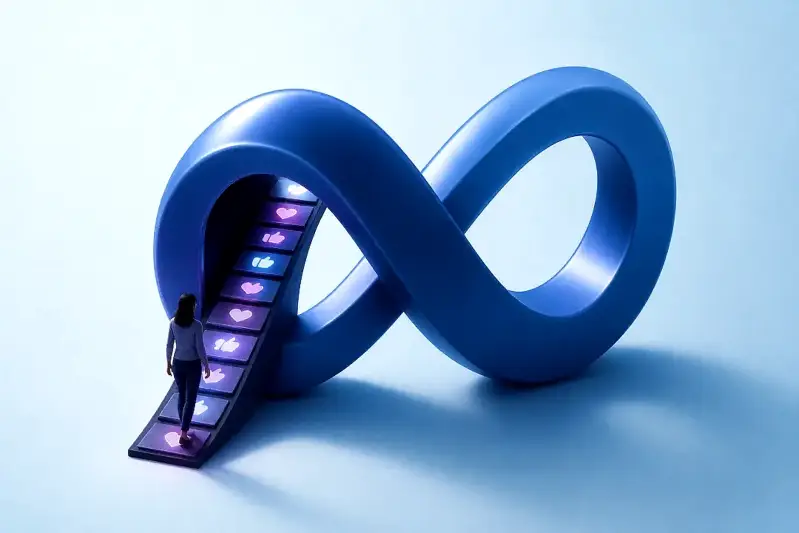 Meta logo meet een sting van likes en harrtjes vormgegeven als een ladder waarop een vrouw loopt