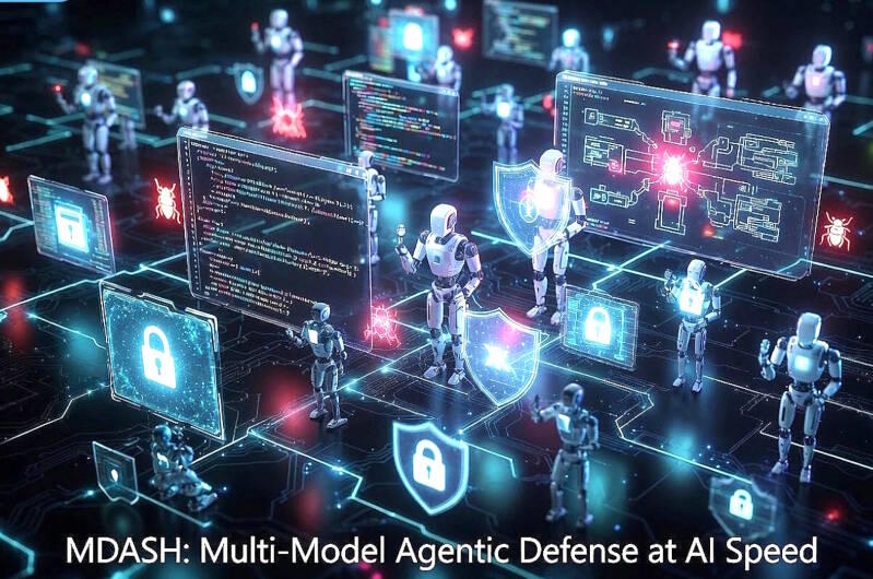 Een aantal robots werkend aan het Multi-Model Agentic Defense