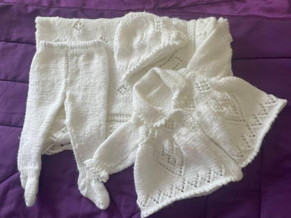 Handknitted babywear - Matching Matinee coat, bonnet, leggings and shawl