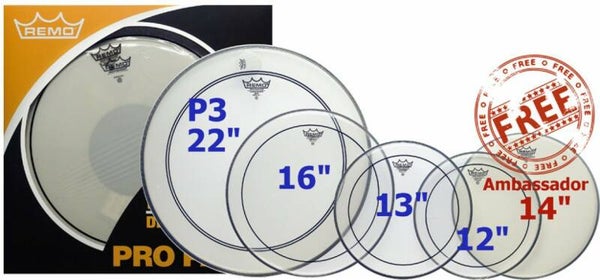 Remo ProPack 12", 13", 16" Pinstripe Clear + 22" P3 Ambassador Clear met Clear dot + 14" Ambassador Coated.