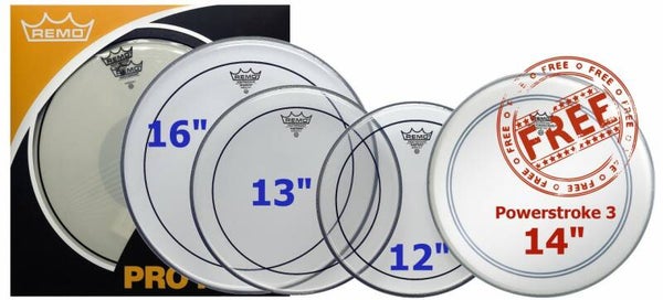 Remo ProPack 12", 13", 16" Pinstripe Clear + Free 14" Ambassador Powerstroke 3 Coated