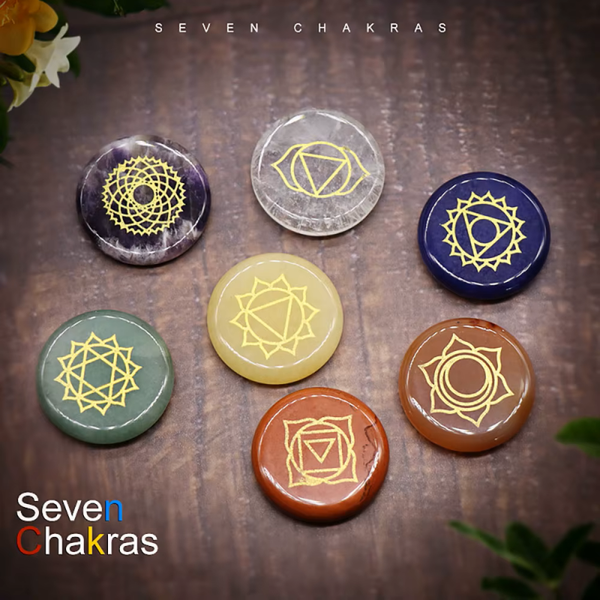 7 Chakra Natural Crystal Stone Set with Engraved Symbols