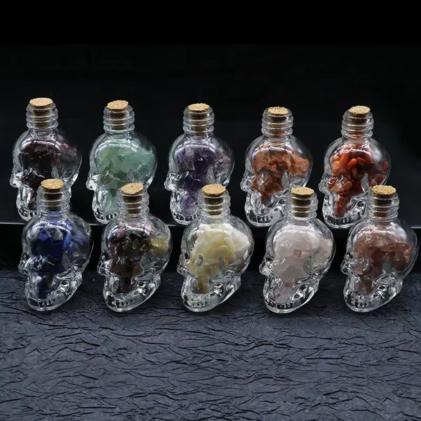 Mini Crystal Skull Bottles with Crushed Healing Stones