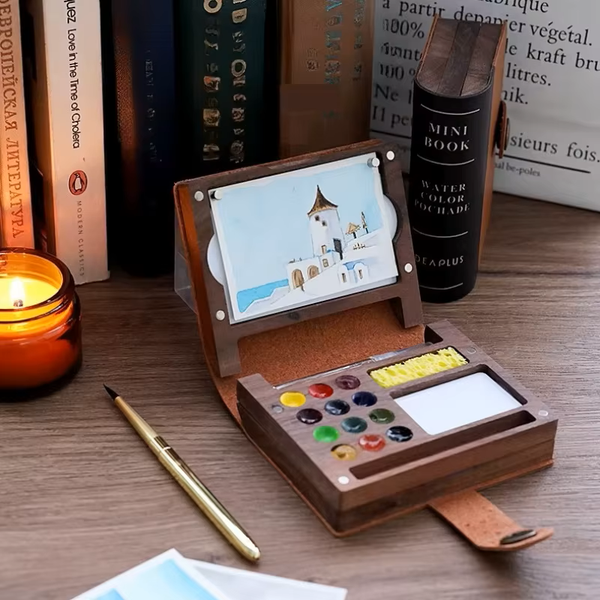 Portable Mini Watercolor Palette – 12-Well Walnut Travel Paint Box for Artists & Beginners