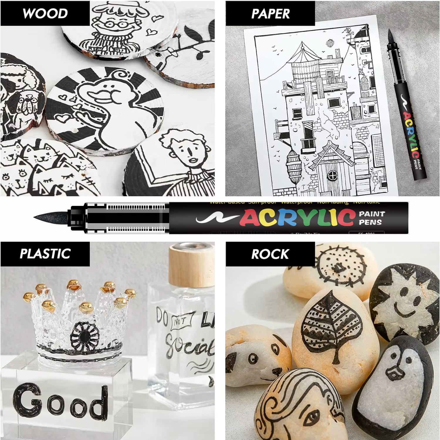 8-Piece Black & White Acrylic Paint Markers – Art Pens for Crafts and Illustration