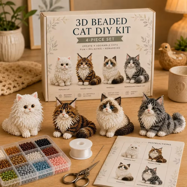 3D Beaded Cat DIY Kit – Make 4 Mini Beaded Cats with Complete Craft Tools