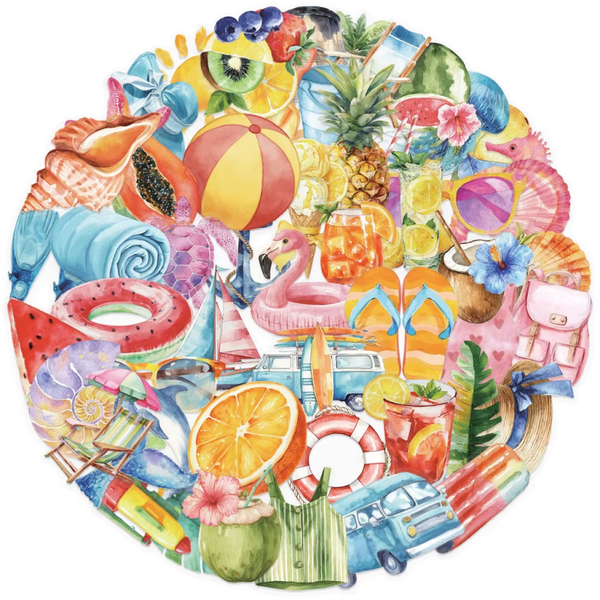 50-Piece Transparent Watercolor Summer Sticker Pack