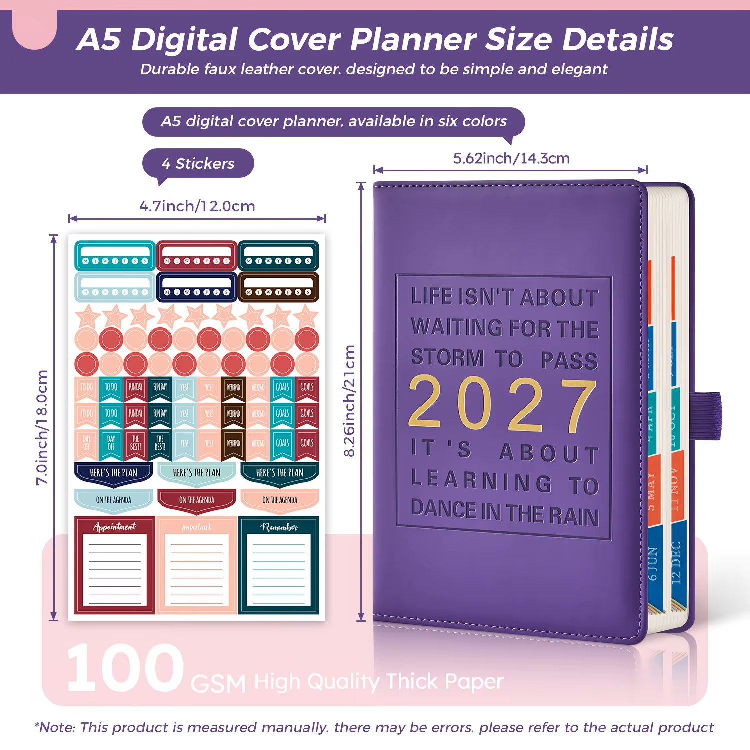 2027 Hardcover Daily & Monthly Planner – Hourly Schedule, Stickers & Inner Pocket