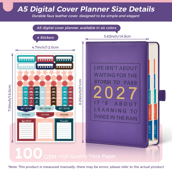 2027 Hardcover Daily & Monthly Planner – Hourly Schedule, Stickers & Inner Pocket