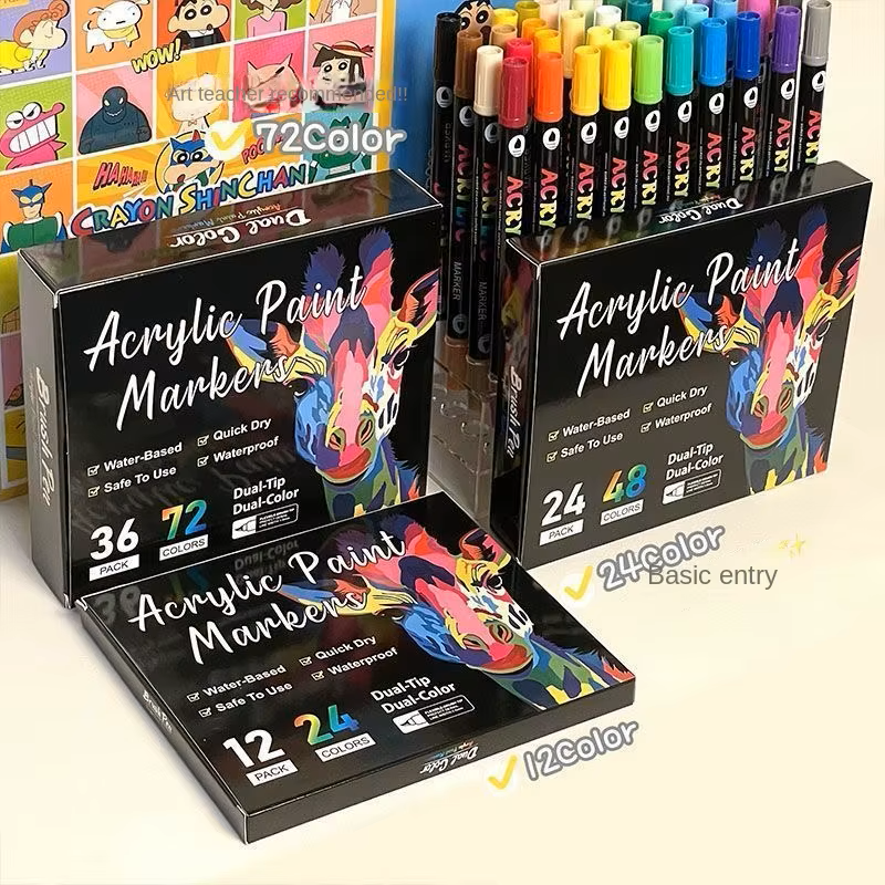 48-Color Acrylic Paint Markers – Dual-Tip Fine & Brush Pens for Art and Crafts