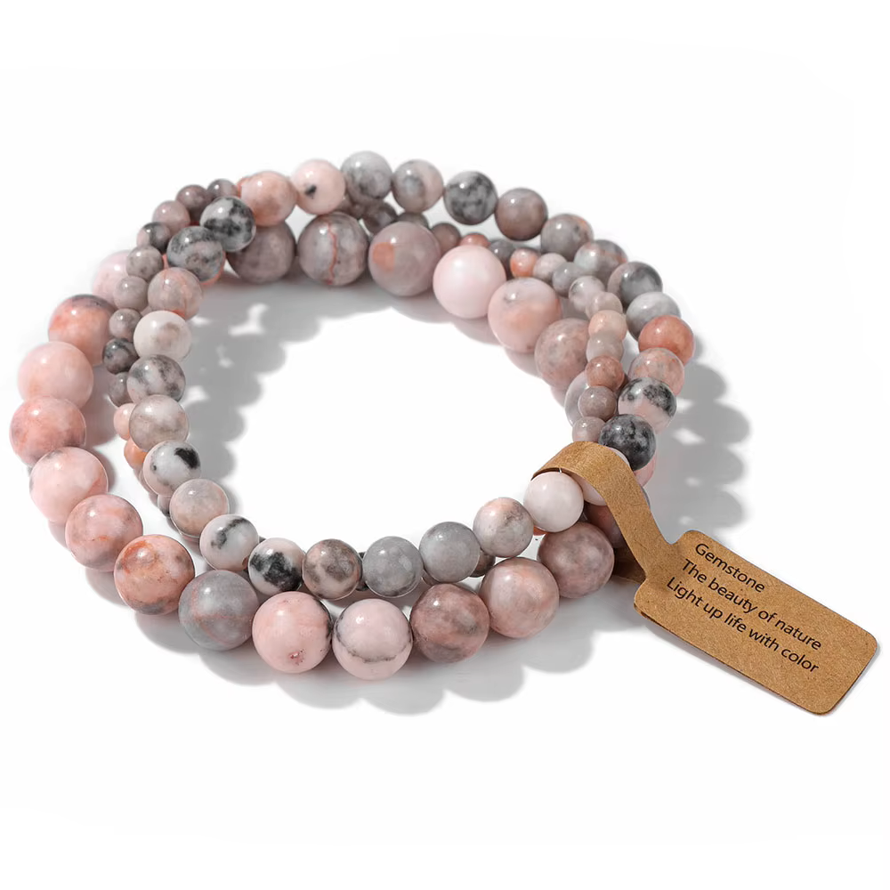 Natural Stone Bead Bracelets – Moss Agate, Rhodonite & Quartz Set of 3