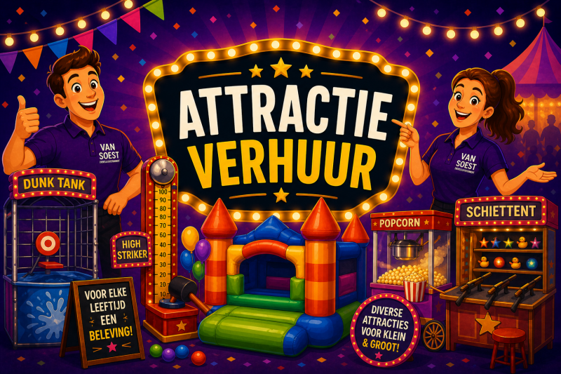 Kleurrijke illustratie van attractieverhuur met twee medewerkers naast een verlicht bord met de tekst “Attractie Verhuur”, met diverse attracties zoals een springkussen, dunk tank, schiettenten en andere kermisattracties voor evenementen.