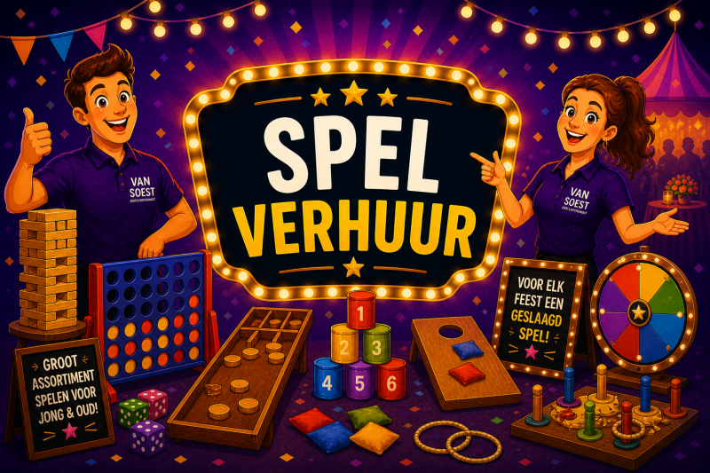 Vrolijke illustratie van spelverhuur met een verlicht bord “Spel Verhuur”, omringd door verschillende spellen zoals vier-op-een-rij, Jenga, sjoelbak, ringwerpen en andere gezelschapsspellen voor jong en oud.