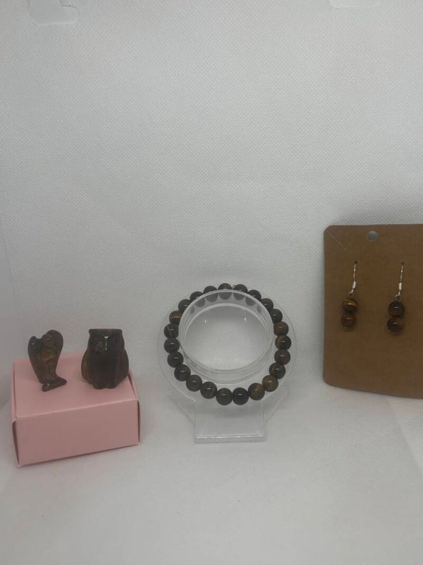 Parure fantaisie marron œil de tigre – Bracelet & boucles d’oreilles assorties