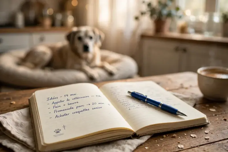 Carnet de suivi posé sur une table avec un chien âgé en arrière-plan, illustrant l’évaluation de la qualité de vie en fin de vie.