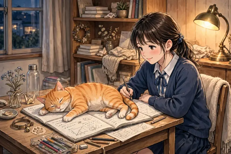 Un chat roux est allongé sur un cahier ouvert pendant qu'une adolescente fait ses devoirs à son bureau.