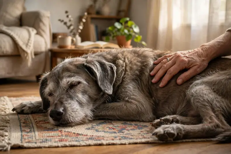 Chien âgé allongé chez lui avec une main posée sur son flanc, illustrant le choix d’une euthanasie à domicile.