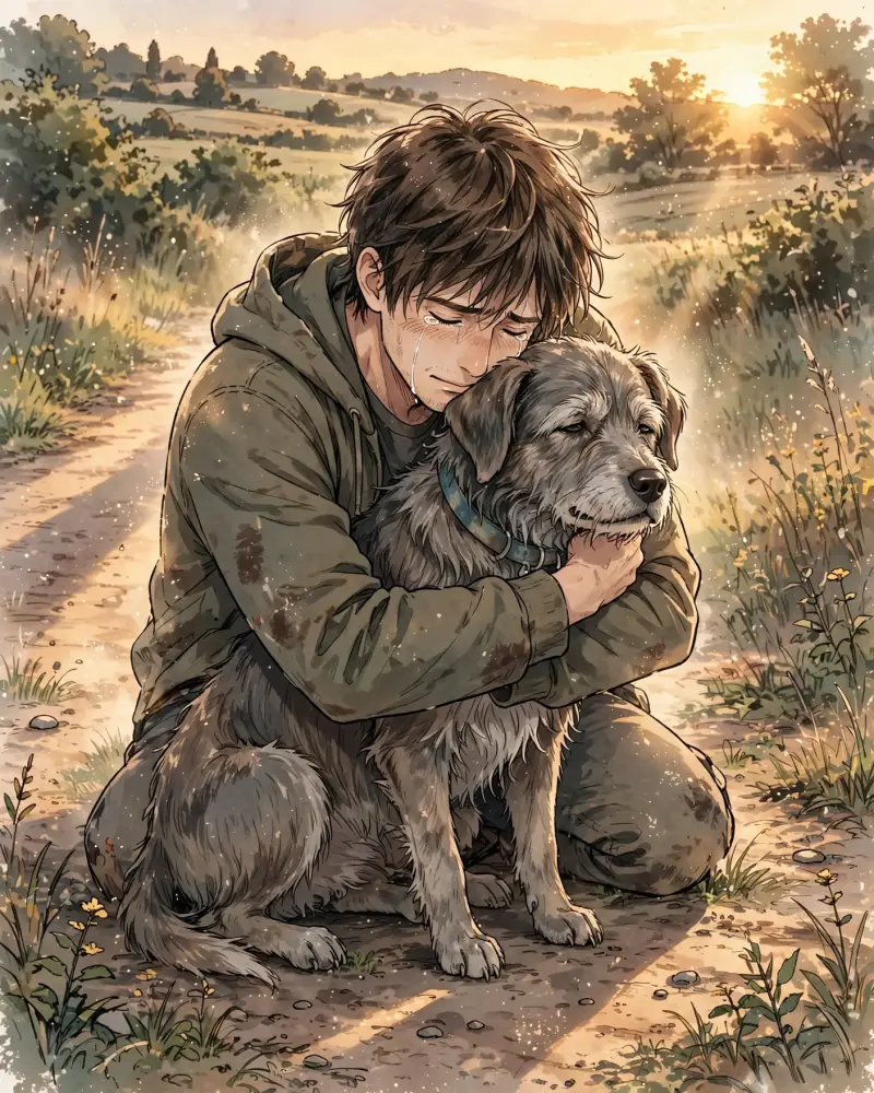 Un homme est agenouillé près de son vieux chien retrouvé après plusieurs semaines de recherches, dans un chemin de campagne au coucher du soleil.