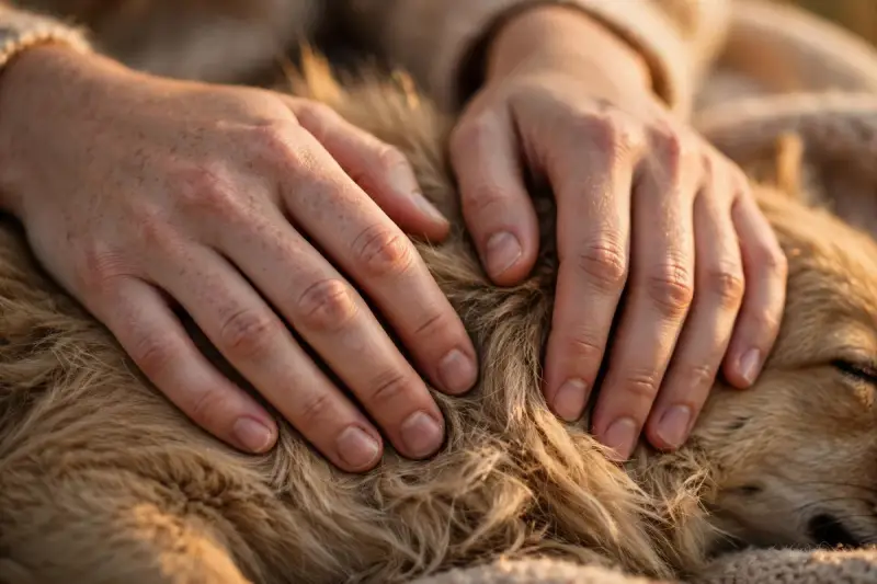 Mains posées sur le pelage d’un animal lors de ses derniers instants, illustrant la présence pendant l’euthanasie.