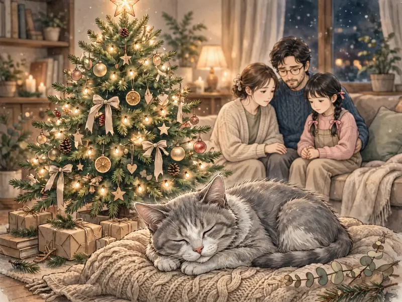 Un vieux chat est couché sous un sapin de Noël illuminé pendant que sa famille le regarde avec tendresse.