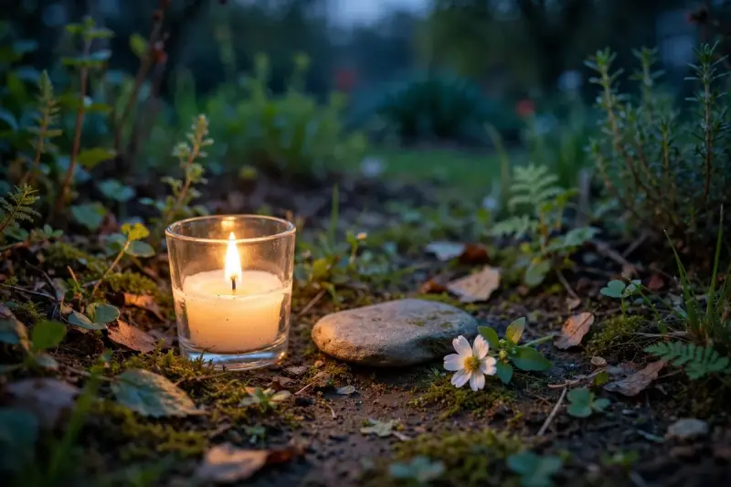Bougie et fleur posées dans un jardin lors d’un rituel d’adieu à un animal décédé.