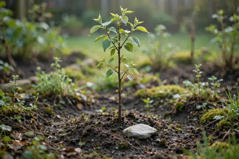 Jeune arbre planté en mémoire d’un animal décédé avec une pierre au pied, hommage vivant dans un jardin.