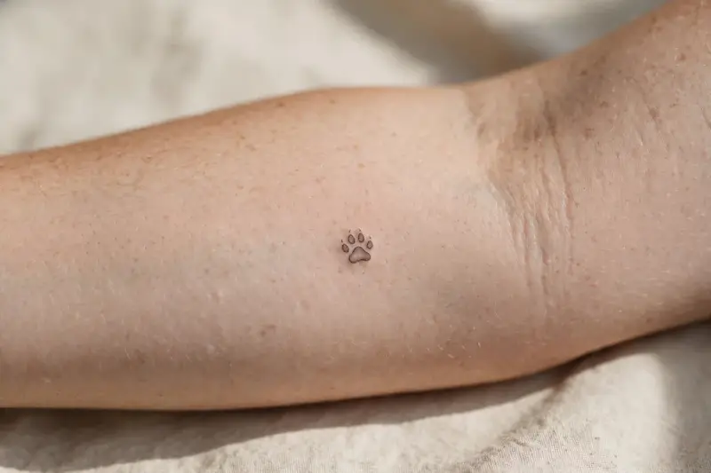 Tatouage discret d’une empreinte de patte sur un avant-bras, hommage à un animal décédé.