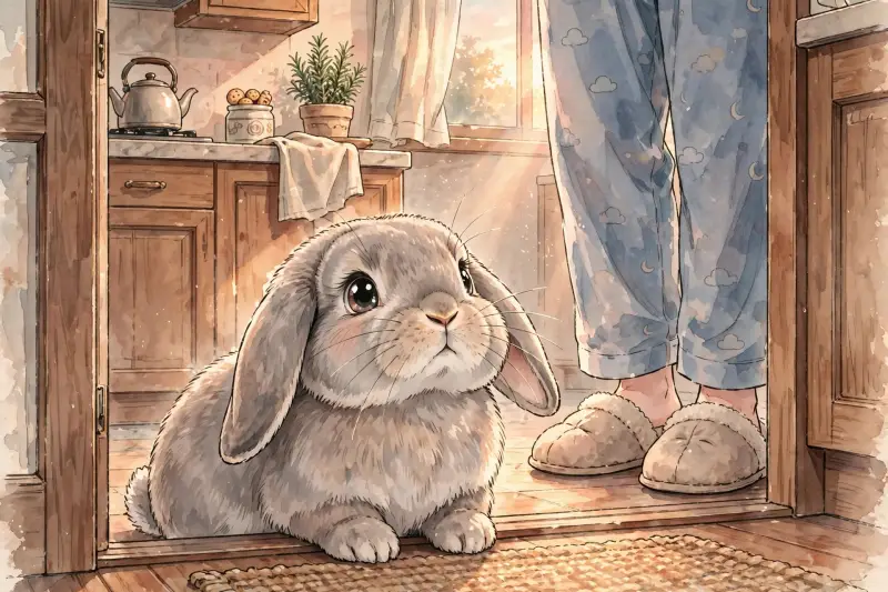 Un lapin bélier attend devant la porte de la cuisine en regardant sa propriétaire avec impatience au petit matin.