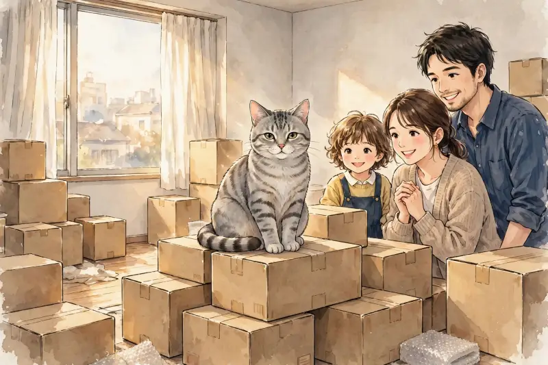 Un chat européen est assis au milieu de cartons de déménagement dans un salon presque vide tandis que sa famille sourit en le regardant.