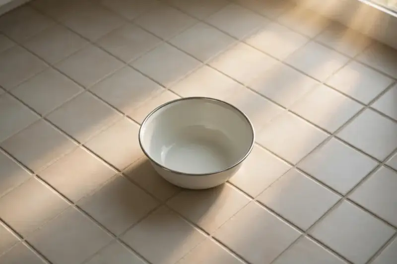 Gamelle vide sur le sol d’une cuisine au matin, symbole des rituels quotidiens perdus après la mort d’un animal.