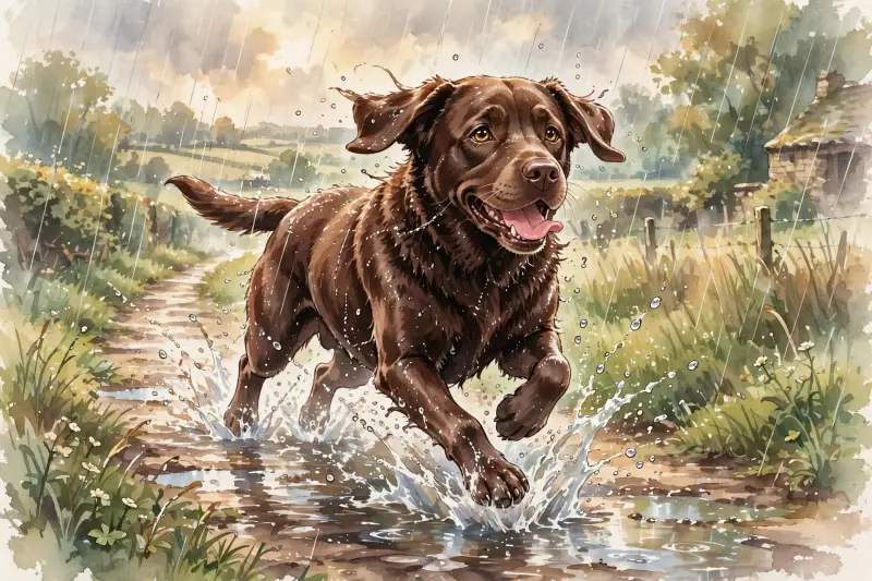 Un Labrador chocolat court sous une pluie battante dans un chemin de campagne, éclaboussant joyeusement les flaques d'eau.