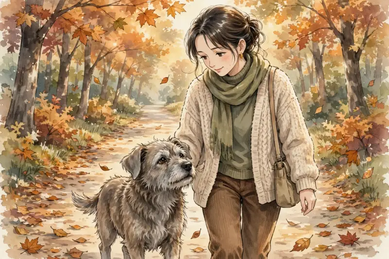 Un vieux chien croisé marche tranquillement à côté de sa propriétaire dans un chemin bordé d'arbres en automne.
