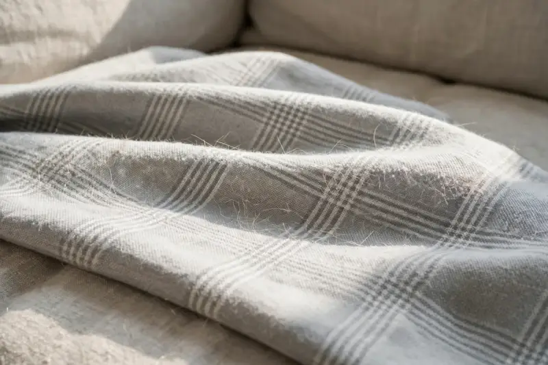 Poils d’un animal décédé restés sur un plaid de canapé, dernières traces que l’on n’ose pas effacer après un deuil animal.