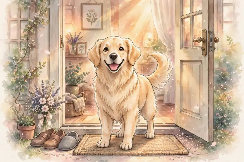 Un Golden Retriever accueille joyeusement des invités devant la porte d'une maison en remuant la queue.