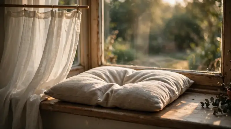Coussin vide sur un rebord de fenêtre ensoleillé, illustrant l’absence après la perte d’un chat.