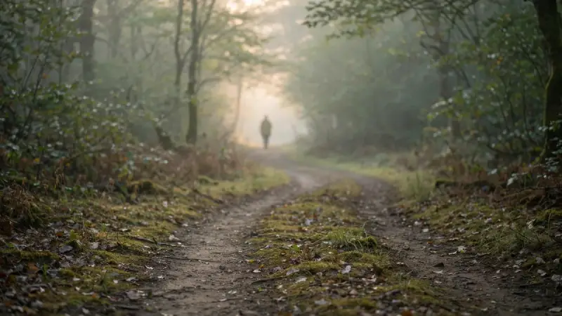 Sentier de promenade en sous-bois au petit matin, illustrant le retour à la marche après la perte de son chien.