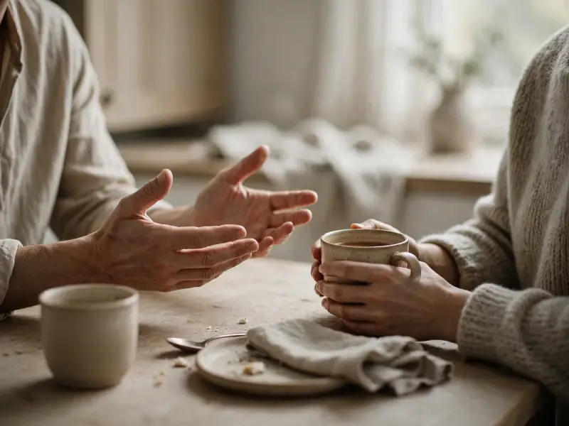 Deux personnes en conversation autour d’une table, illustrant les phrases maladroites entendues après la perte d’un animal.